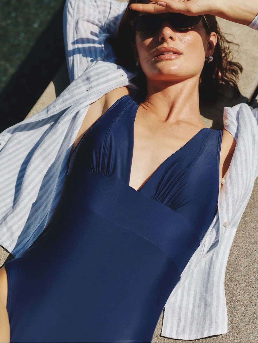 Quince NWT Italian Plunge One-Piece Swimsuit Deep Navy Medium